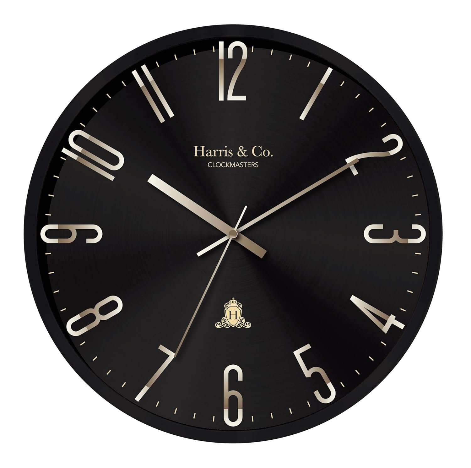 HARRIS & CO. CLOCKMASTERS Silent Sweep Noiseless Technology Analog Wall Clock With Metal Golden 3D Numbers (14 Inch, Black Metal Frame & Dial, Model - Jermyn Street)