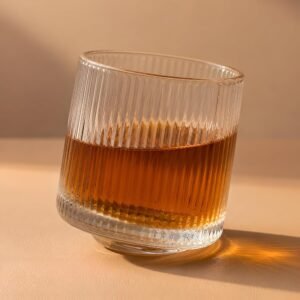 Allo Rotating Glasses for Whiskey, Set of 6, 190 Ml Each, Premium Ribbed Glass with Revolving Base and Spinning Glass, Gift Set Packaging | Transparent Ribbed Classic
