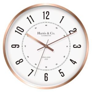 HARRIS & CO. CLOCKMASTERS 12 Inch Silent Sweep Noiseless Technology Wall Clock with Rose Gold Metal Frame, White Dial, HD Clear Glass (Model - Oxford Street in Rose)