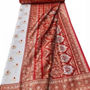 Banarasi Durga Pooja Special Silk Saree Red & White Kadwa Weave Gold Zari