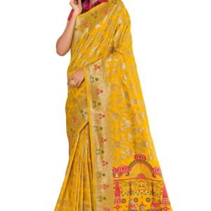 Monjolika Fashion Women's Pure Kanjivaram Style Heavy Pallu Work Banarasi Silk Saree With Blouse Piece For Wedding