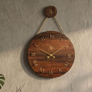 Wooden Hanging Wall Clock 15.5 Inch | Silent Sweep Analog Wall Clock with Roman Numerals, Jute Rope Detailing & Metallic Hands| Engineered Wood Timepiece for Home (Brown, 1 Year Warranty)
