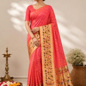 Women's Kanjivaram Banarasi Style Art Silk Saree – Golden Zari Weaving Floral Border & Rich Meenakari Pallu Saree for Women (With Blouse Piece)