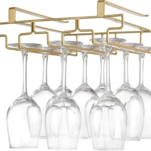 Eminence Lifestyle Wine glass holder hanging, no drilling required, storage, no screws required, adjustable shelf thickness, kitchen, Gold