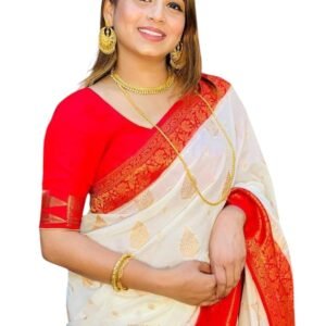 Women Banarasi Style Soft Silk Saree White with Red Zari Border Traditional Wedding Festive with Blouse Piece