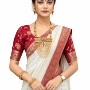 Flosive Women's Off-White Banarasi Soft Silk Saree with Wine Purple Contrast Zari Border and Embroidered Blouse Piece