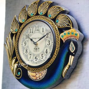 Vintage Clock Handicraft Peacock Blue Wood Analog Wall Clock/One Year Warranty, 34 cm x 10.5 cm x 34 cm - Black