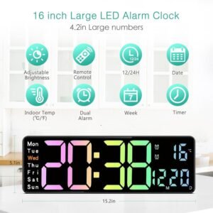 GHANU Large LED Digital Wall Clock with Remote Control,Adjust Brightness,Dual Alarm,Temp&Date Display,12/24Hr -Ideal for Home,Office,Living Room,Classroom,Gym (Fix Color)
