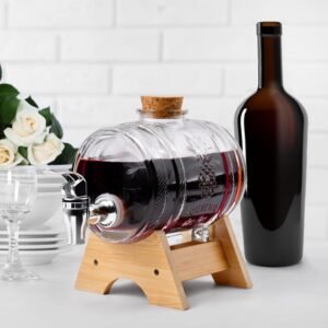 3 LTR Water Dispenser with Tap Stand – Leak-Proof Glass Beverage Barrel with Wooden Cap, Drink Dispenser for Juice, Water, Beer, Wine, Office, Camping, Detox Drinks | 1 Pcs