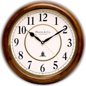HARRIS & CO. CLOCKMASTERS Luxury Classic Wooden Frame HD Clear Glass, Metal Dial and Gold Accents with Silent Sweep Noiseless Technology Analog Wall Clock (15.5 Inches) Model-George Street