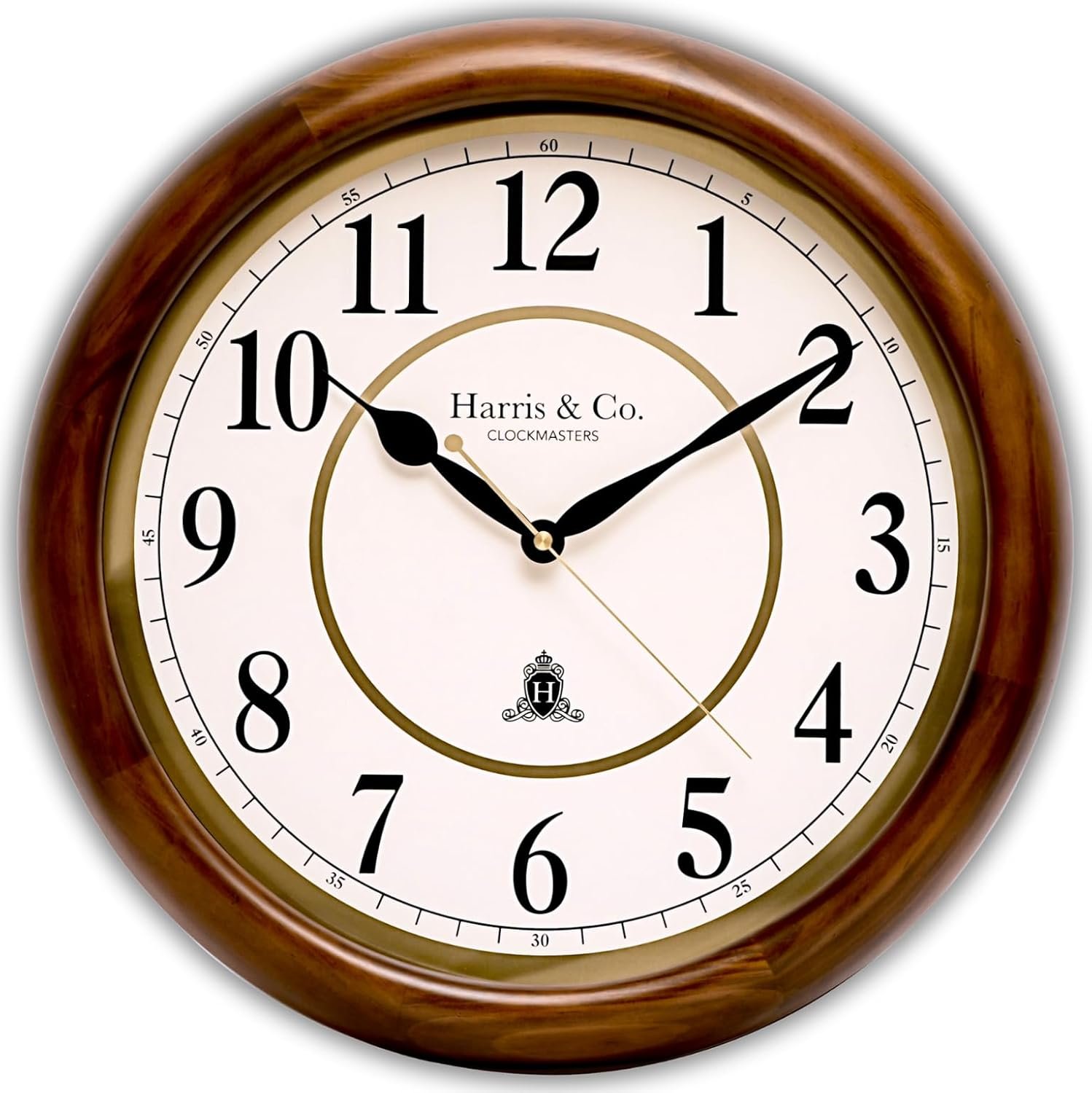 HARRIS & CO. CLOCKMASTERS Luxury Classic Wooden Frame HD Clear Glass, Metal Dial and Gold Accents with Silent Sweep Noiseless Technology Analog Wall Clock (15.5 Inches) Model-George Street