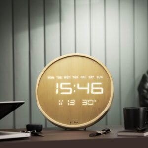 Titan LED Digital Wall & Table Clock – 32cm Wooden Frame, Large Display, 12/24 Hour Time, Day Date Month, Indoor Temperature, Auto-Dimming, Power Adapter with Time Memory Backup Battery - W0082WD01