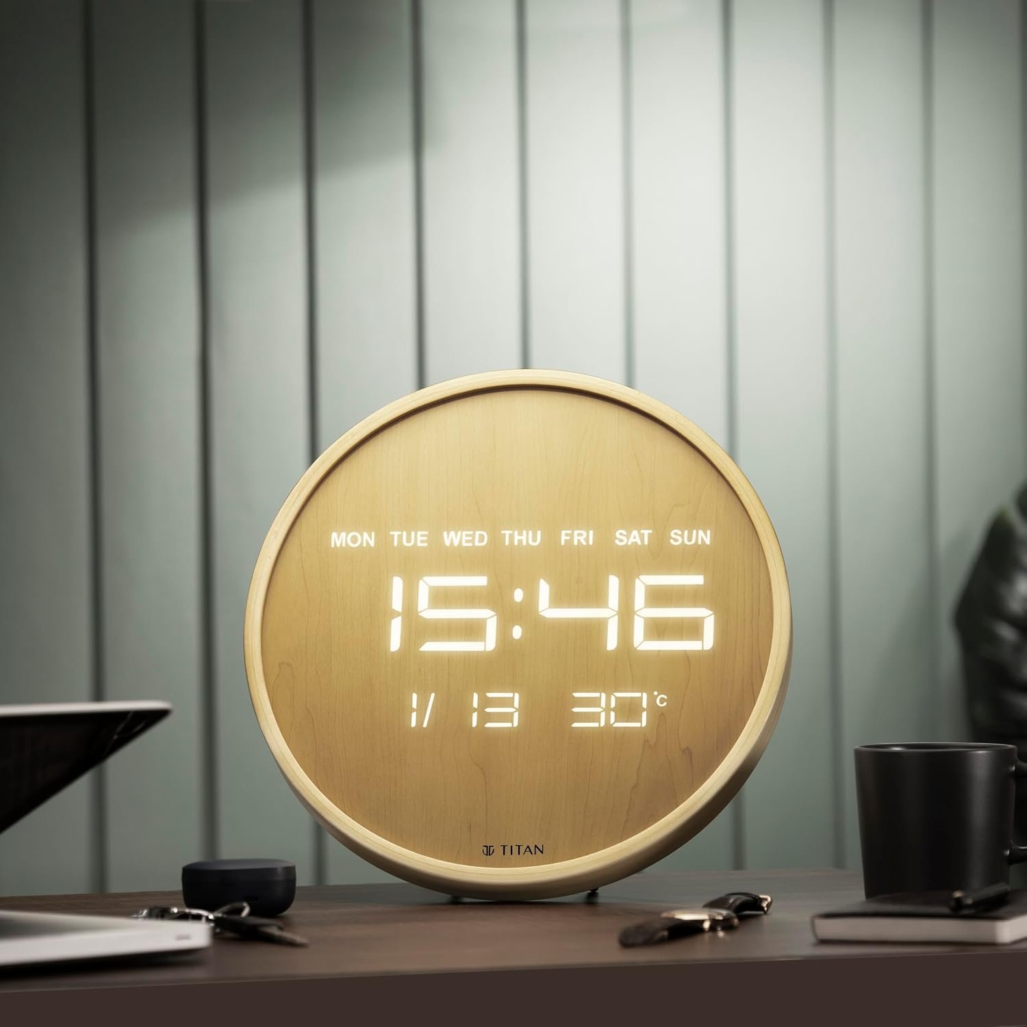 Titan LED Digital Wall & Table Clock – 32cm Wooden Frame, Large Display, 12/24 Hour Time, Day Date Month, Indoor Temperature, Auto-Dimming, Power Adapter with Time Memory Backup Battery - W0082WD01