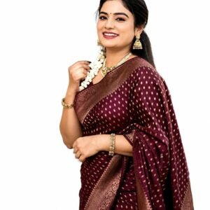 Women's Banarasi Style Silk Blend Saree with Unstitched Blouse Piece | Maroon Woven Saree with Gold Zari Buti Design & Rich Traditional Border