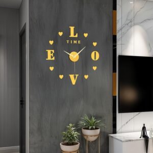 ABOUT SPACE Wall Clock - DIY Wall Sticker Clock Self Adhesive, Non-Ticking, Frameless, Acrylic Analog Watch Adjustable Size for Living Room, Bedroom, Office (Gold - Letters, Hearts), 25cm, 50cm