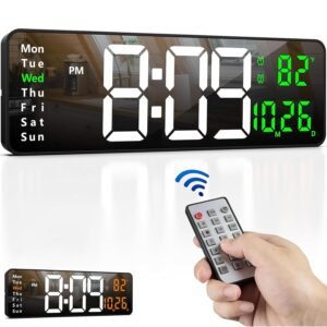 Digital Wall Clock with Large Display, 16 Inch Digital Clock with Time, Date, Temperature, Week, Timer, 12/24 Hours, Auto Dimming, LED Wall Clock with Remote Control