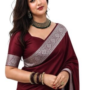Banarasi Satin Kanjivaram Saree Wine Silver Zari Pure Soft Blend Silk Sari Satin Women Kanchipuram Paithani Silk Party Wedding New Ladies Wine Color Sadi with Blouse Piece