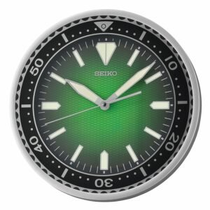 Seiko Classic Plastic Round Silver Color Case Green Dial Analog LumiBrite Wall Clock with Sweep Movement (Size: 30 x 4.5 x 30 CM | Weight: 780 gram | Color: Silver)