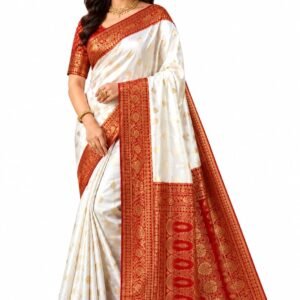 Elegant white Banarasi silk saree featuring a rich red zari border and pallu with intricate traditional motifs, perfect for festive and wedding occasions.