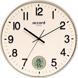 14-Inch Ana-Digital Luxury Wall Clock | Digital Temperature & Humidity Display | Gold Frame with Curved Glass, Battery Operated, Silent Movement | Model: Malibu