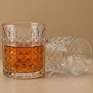 Allo Glass Set Of 6 Premium Whisky Glasses, 330 ml, For Drinking Water, Wine, Cocktail, Mocktail, Martini, Liquor, Alcohol, Scotch, Bourbon | Gift Set Packaging | Transparent Criss Cross Diamond Glass