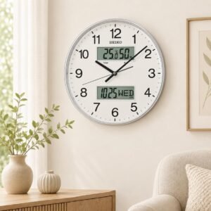 SEIKO Classic Round Grey Plastic Analog Home Décor English Numbers Wall Clock with Showing Day/Date (Size: 32.8 x 5.9 x 32.8 CM | Weight: 1180 gram | Color: Grey)