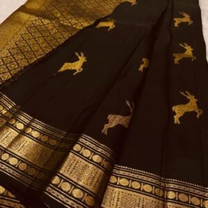 Banarasi Soft Silk Saree for Women | Black Saree with Golden Deer Motif & Rich Zari Woven Border | Traditional Ethnic Wear Saree with Blouse Piece |