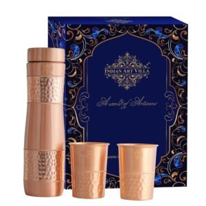 Indian Art Villa Pure Copper Drinkware Gift Set of 1 Bottle & 2 Glass with Royal Blue Box, Gifting Item for Diwali, Birthday & Parties (Volume-1 Litre, Half Hammered with Lacquer Finish)