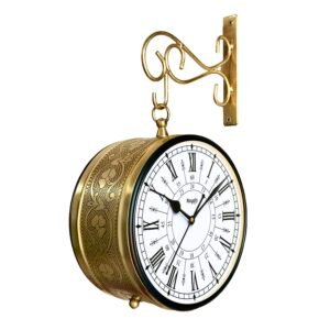 RoyalsCart Double Sided Metal Vintage Station Analog Hanging Wall Clock for Home and Living Room with Antique Golden and 24 Hours Dials on Both Sides [KTWCGR6]