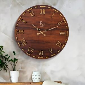 Wooden Round Shape Roman Dial Wall Clock with Golden Hand & Golden Zari Rope Detailing | Stylish Silent Quartz Movement Anti Reflection Analog Vintage Clock for Home (Brown, 15.5 Inch)