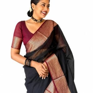 Women's Banarasi Soft Silk Saree with Rich Zari Woven Border & Designer Pallu Black & Maroon