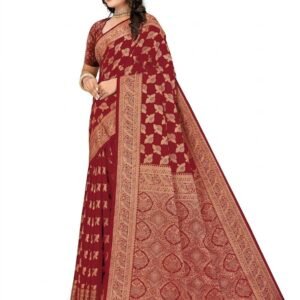 Women’s Maroon Banarasi Silk Jacquard Saree | Traditional Full Work Woven Saree with Designer Border & Pallu | 6.10 m Saree + 0.80 m Blouse