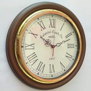 The Modern Collection 16 Inch Wooden Wall Clock with Brass Ring & Antique Roman Numerals | Vintage Decorative Analog Wall Clock for Living Room, Bedroom, Hall, Office & Home Décor Gift