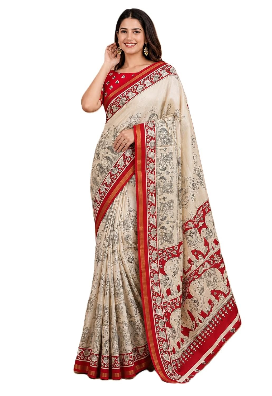 Women's Maheshwari Floral Designed Mal Cotton Silk Zari Border Saree With Unstitched Blouse Piece