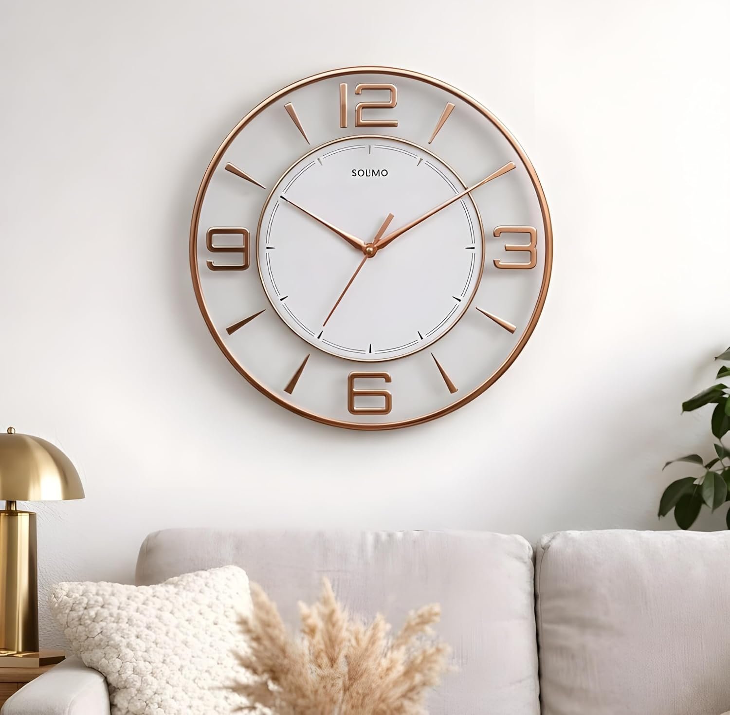 Amazon Brand - Solimo 12 Inches Silent Wall Clock for Living Room Bedroom Office Wooden Look Plastic 3D Easy to Read Numbers Modern Stylish Sweep Movement Wall Clock for Home – 1611TS (White Copper)