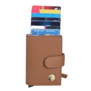 ARTESANO RFID Blocking Pop Up Wallet for Men & Women Small Size | Genuine Leather Metal Card Holder | Slim Credit/Debit Card Case with Cash Slot & Button Closure | Minimalist Compact Unisex Design