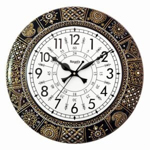 RoyalsCart Ethnic Handcrafted Designer Wall Clock with Rajasthani Floral Painting | Black Wooden Wall Clock for Living Room | 24 Hours | 16 Inch | Vintage Design | Silent Sweep Movement [KTWC281N]