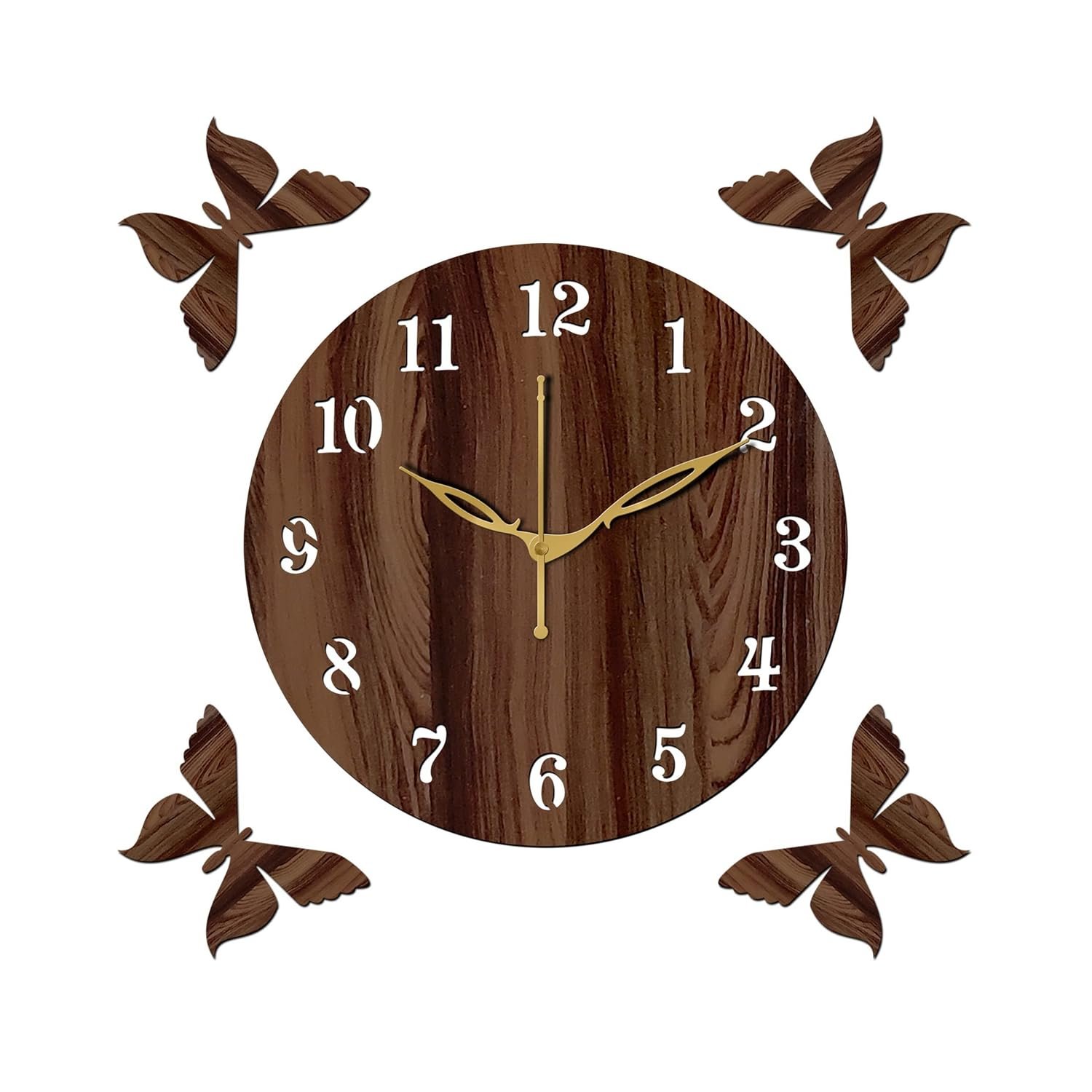 Aum 12" Inch Wooden MDF English Numeral 4 Butterfly Round Wall Clock Without Glass (Brown, 30cm x 30cm) - 1