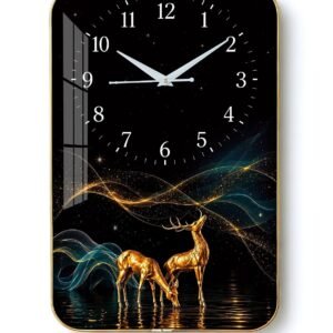 Decorative Wall Clock with Glass Finish for Home & Office Décor (18x12 Inch) | Deer Printed Wall Clock for Living Room & Temple