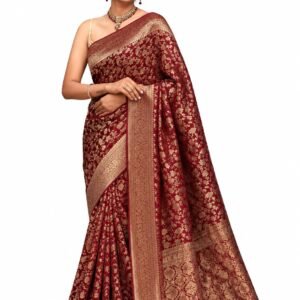 A Women's Banarasi Soft Silk Saree with Rich Gold Zari Floral Weaving | Maroon Traditional Saree with Unstitched Blouse Piece |