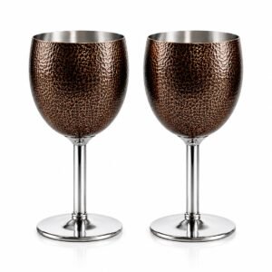 SIYA Stainless Steel Wine Glasses, Set of 2, Luxurious Hammered Design, Unbreakable Stemmed Metal Goblets, Ideal for Return and Wedding Gifts, 100% Food Grade Steel Goblet, Party Drinkware (Brown)