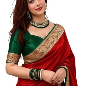 Women's Banarasi Satin Silk Plain Saree with Golden Zari
