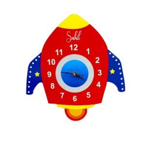SOLOBOLO Silent Kids Analog Wall Clock for Bedroom | Non-Ticking, Educational and Fun Design | Decorative Learning Clock with Warranty |Model No-(Rocket), Multi, Engineered Wood, 25x25 Cm