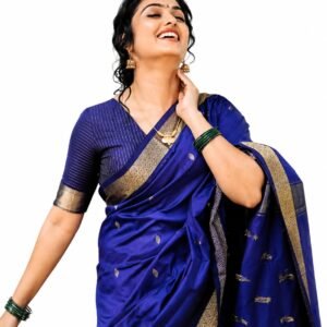 Women's Royal Blue Banarasi Silk Saree with Gold Zari Woven Border | Traditional Ethnic Wear Saree for Wedding, Festive, Party & Special Occasions | Unstitched Blouse Piece Included
