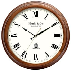 HARRIS & CO. CLOCKMASTERS Luxury Vintage Thick Wooden Frame HD Clear Glass with Silent Sweep Noiseless Technology Roman Design Wall Clock 15 Inches Dark Teak Colour Wood Model-THE Strand
