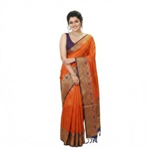 Indian Fashionista Women’s Banarasi Silk Saree with Gold Zari Butta and Contrast Purple Round Woven Border