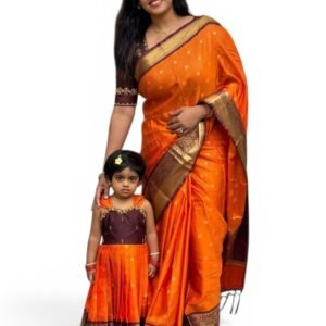 Banarasi Gadwal Soft Silk Saree for women, Orange Checkered with Gold Zari Buti Motifs, Rich Floral Border, Wedding & Festival Wear, with Unstitched Blouse Piece