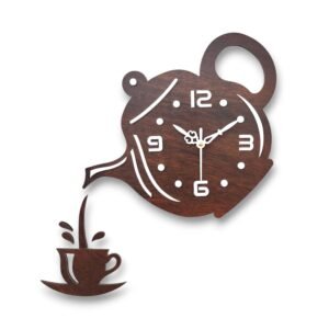 Designer Wooden Wall Clock | Unique Teapot Shape Wall Clock for Home, Kitchen, Living Room & Office | Decorative Modern Acrylic Wall Clock (Dark Woode)