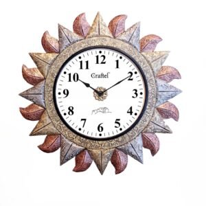 Craftel Home Decor Wall Clock | Analog Round Sun Shape Design Wall Clocks with Glass | Antique Brass and Copper Metal Finish Diwar Ghadi | Decorative Hanging Clock for Living Room and Office, 45x45 cm