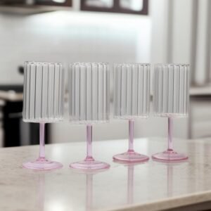 Vintage Bloom Goblet Glass – 280ml | Handcrafted Borosilicate Red Wine Glasses with Fluted Bowl with Pink Stems | Perfect for Wine, Cocktails & Celebrations | Wine Glass Set of 4